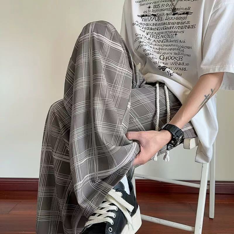 Plaid Ice Silk Pants Men's Summer New Loose Straight Pants Men's Breathable Cool Trousers Thin Quick-drying Pants Men's