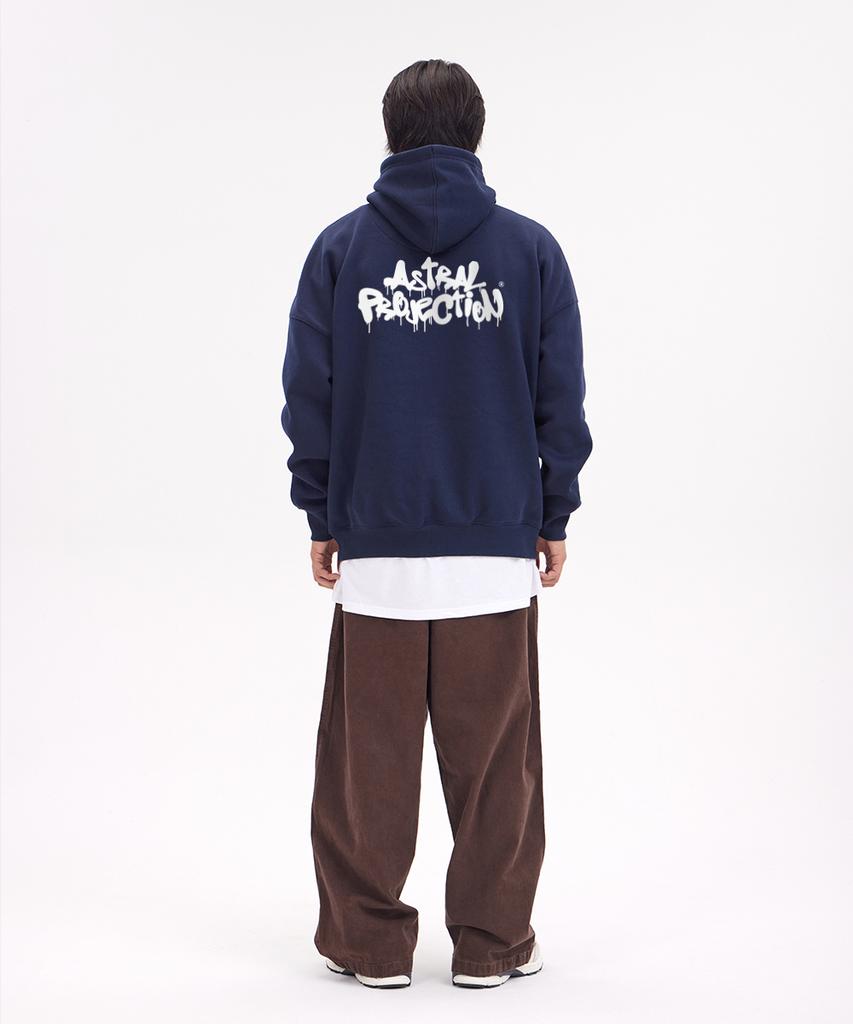 Brush Graffiti Lettering Oversized Wide Shoulder Hoodie_Navy