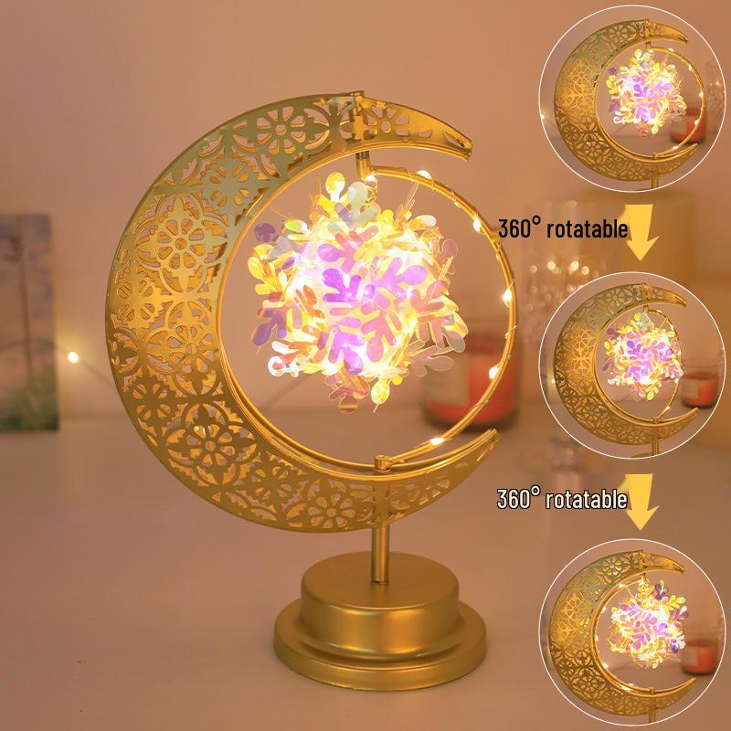 Drehbare LED-Schmiedeeisen-Mond- und Sternenlampe – Dekoratives Schreibtischornament im nahöstlichen Stil.