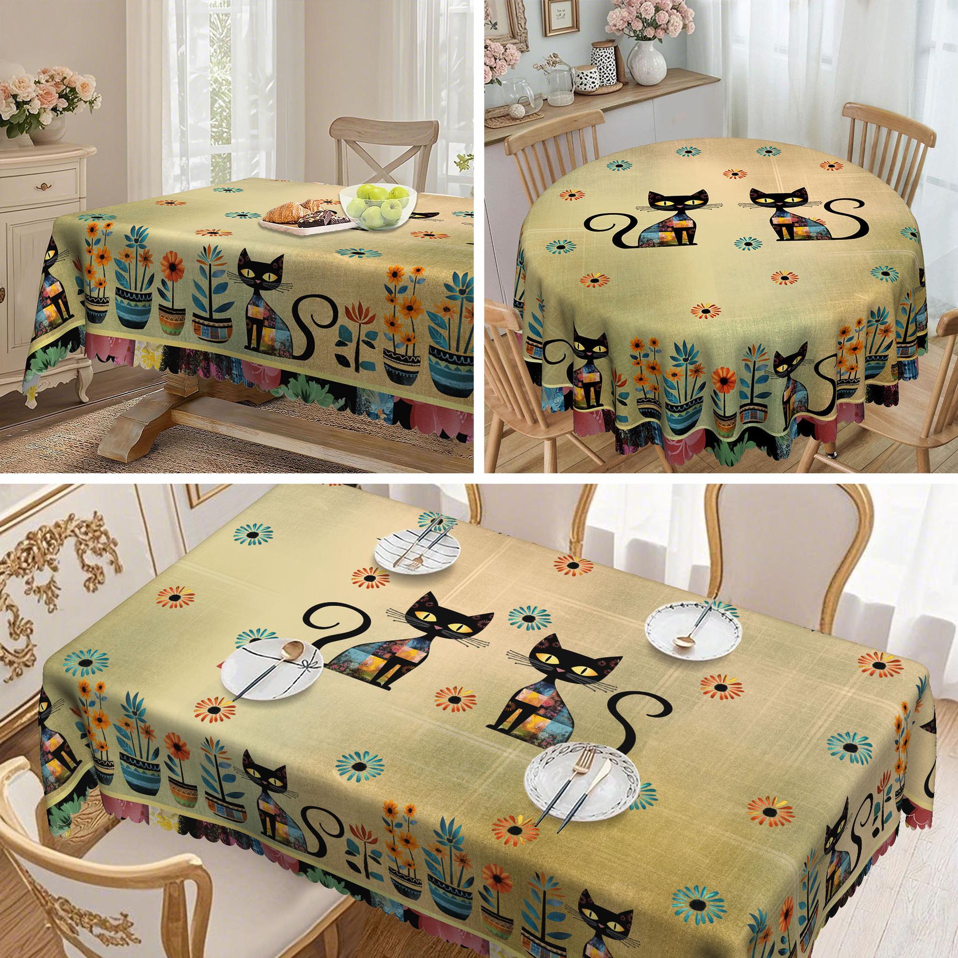 

1 Piece, Bohemian Mandala Tablecloth, Vintage Floral And Cat Pattern Tablecloth, Edge Embossing Craft round tablecloth-152x152cm