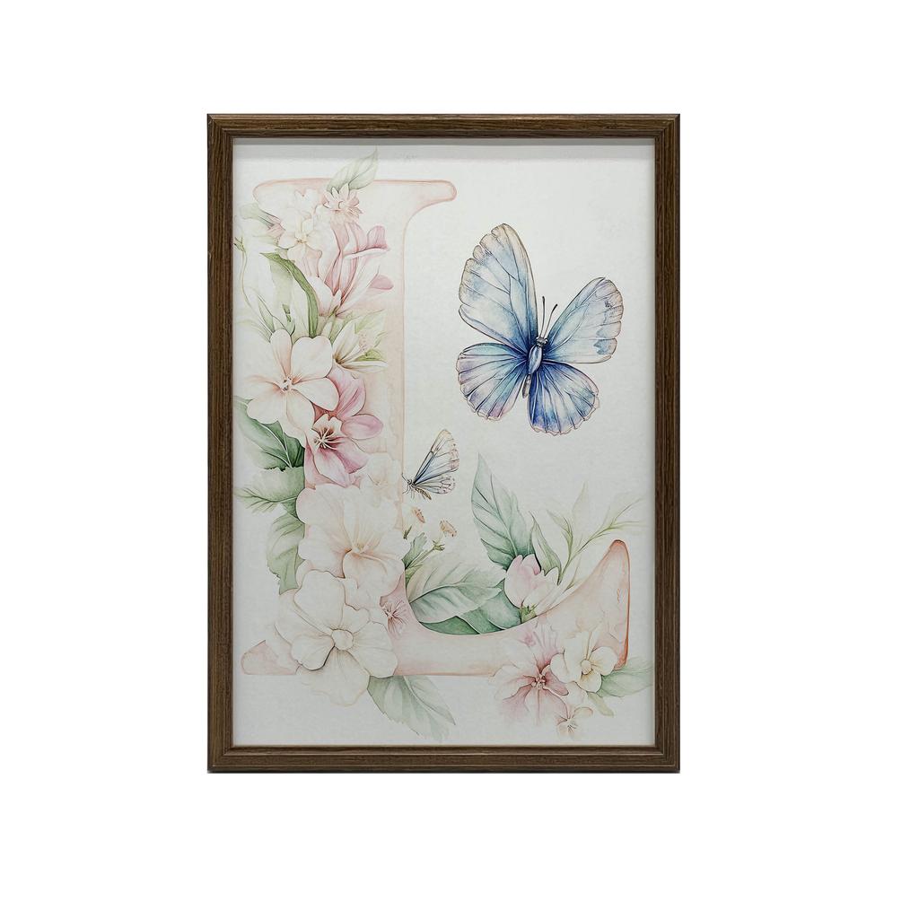 Plakat Literowy "L" Z Kwiatami I Motylem Plakat Literowy "L" Z Kwiatami I Motylem, 70X100 Cm, Rama Drewniana Jasny Dąb, Papier Matowy 230 Gsm