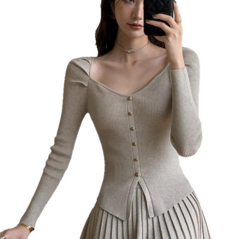 Women's Autumn New Style Sweater with French Style Simple and Versatile Slim Fit and Square Collar Sweater Inner Wear