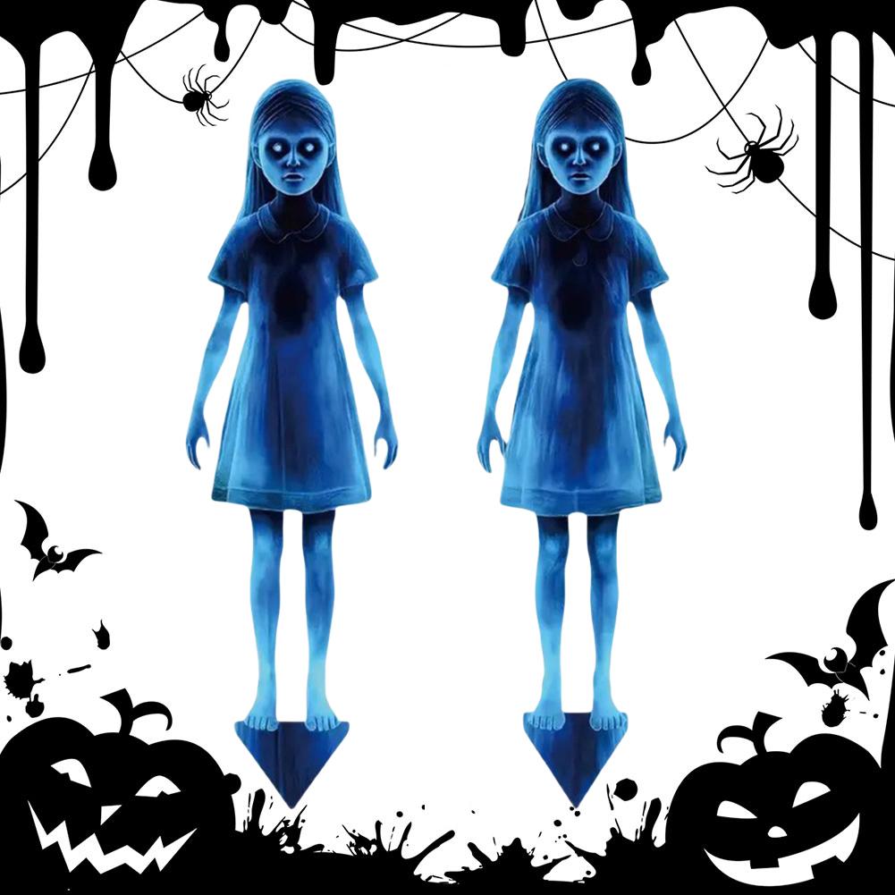 2PCs Horror Twin Girls Garden Stake Waterproof Twins Ghost Yard Signs Outdoor Halloween Decorations for Lawn Patio Haunted House