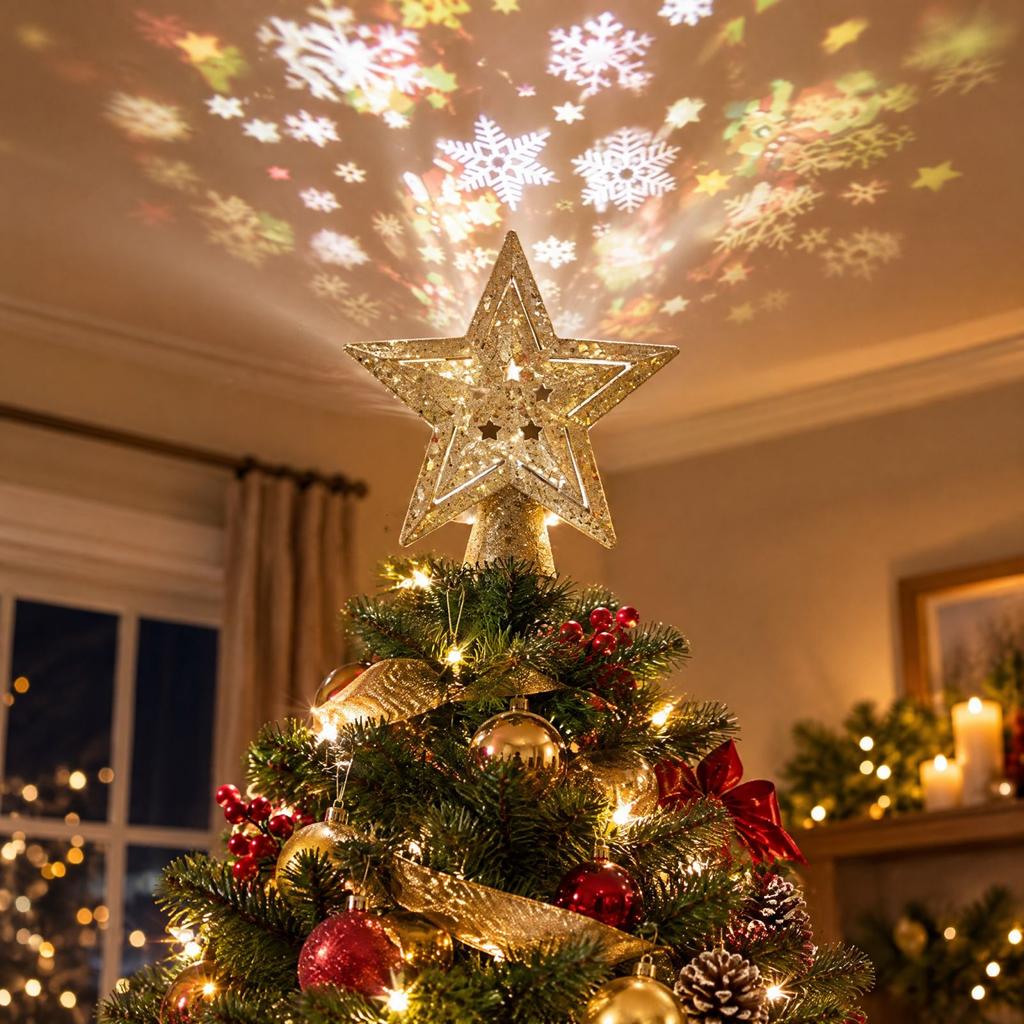 Christmas Tree Topper Star Projection Light, Gold, with 4 Projection Slides, US Plug, Holiday Decoration
