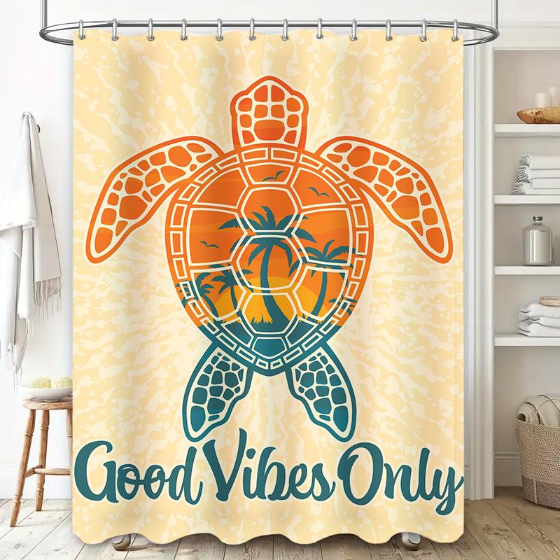 Sunset Sea Turtle Shower Curtain: Good Vibes Only Beach Decor with Palm Trees Yellow Bath Mat Set for Bathroom