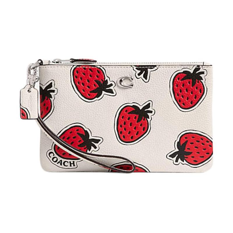 

COACH Wristlet 19 strawberry print zipper closure pebbled leather clutch small women s white with red білий