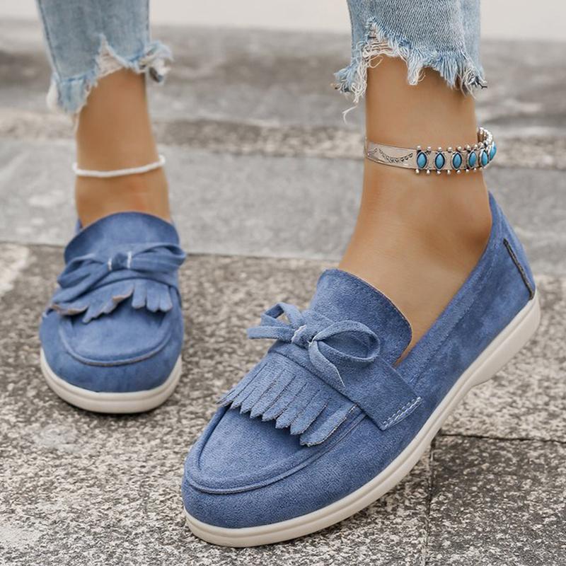 Fashion Plus Size 36-43 Retro Tassel Bowknot Flats Women Solid Color Faux Suede Flat Shoes Women Sneakers Wear Resistant Casual Shoes