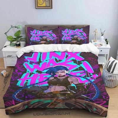 Cartoon Jinx Arcane: League of Legends Bettwäsche-Set, Kingsize, Twin, Double, Jungen, 3-teiliges Bettbezug-Set aus Mikrofaser oder Polyester