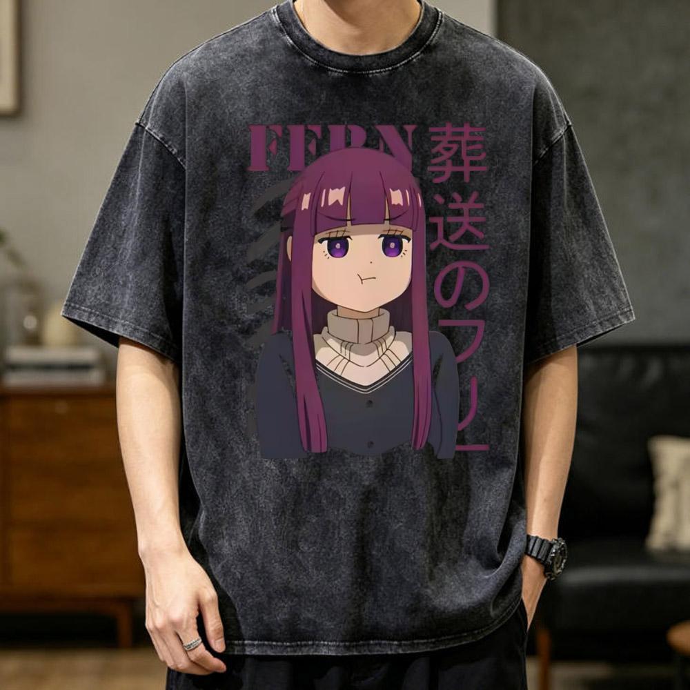 Harajuku Anime Frieren T-shirt Vintage Gewassen T-shirt Cartoon T-shirt voor Herenkleding Hoge Kwaliteit Puur Katoen T-shirts Tops