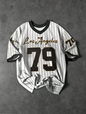 2025 Summer New V-neck T-shirt Men's Sports Printed T-shirt V-neck Short-sleeved T-shirt Retro Baseball Chic