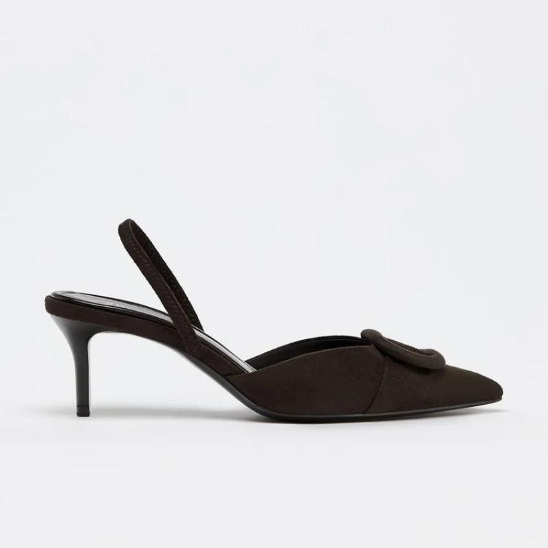 Coffee Faux Suede High-heel Sandal Women Fashion Pointy Toe Square Buckle Thin Heel Pumps Elegant Commuter Office Shoe Sandalias
