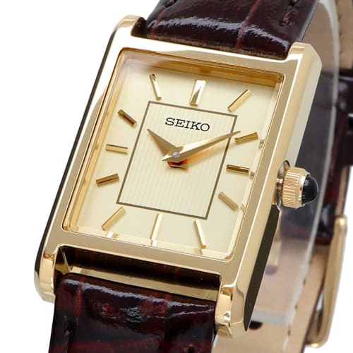 Seiko Women's Square Quartz Watch SWR066 with Champagne Gold Dial and Brown Leather Band