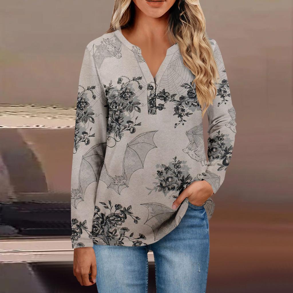 Damen-Oberteile mit Knopfleiste, lässige Oberteile für jeden Tag, langärmelig, V-Ausschnitt, modisches Print-Shirt, Tops, T-Shirt mit Tasche, Sweatshirts
