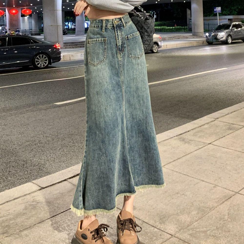 Retro Denim Skirt Women High Waist A-line Half Dress Fashion High Waist Long Skirt  Beach