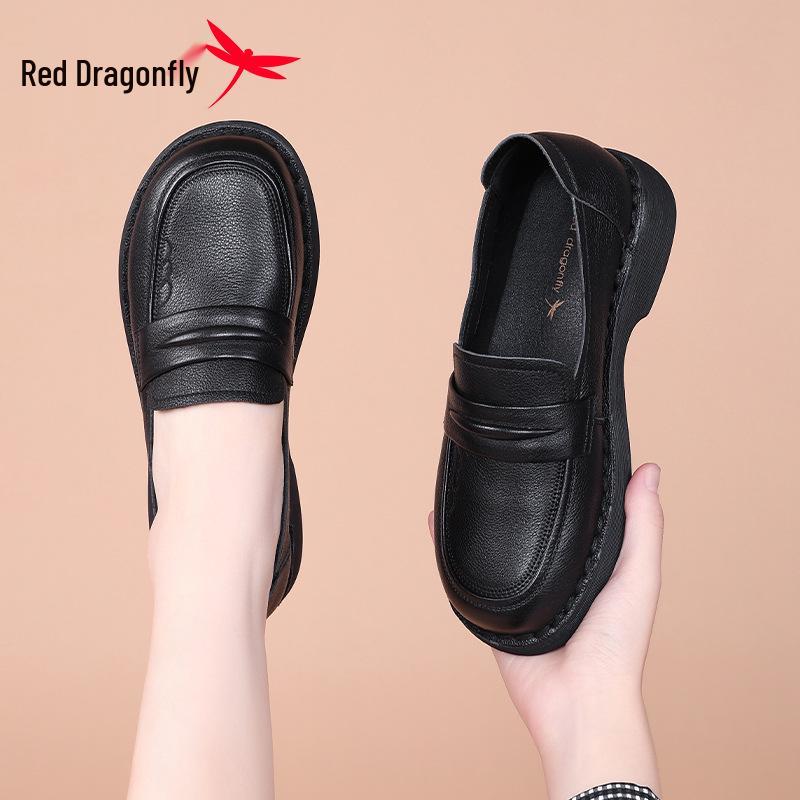 Red Dragonfly Women's Black Leather Loafers - 2025 Autumn Collection, Thick Heel for Middle-aged & Elderly.