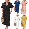 Summer Maxi Dress V Neck Lace-up Waist Bubble Sleeves Solid Color Loose Long Dress for Daily Life Date Work Party