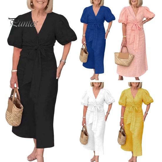 Summer Maxi Dress V Neck Lace-up Waist Bubble Sleeves Solid Color Loose Long Dress for Daily Life Date Work Party