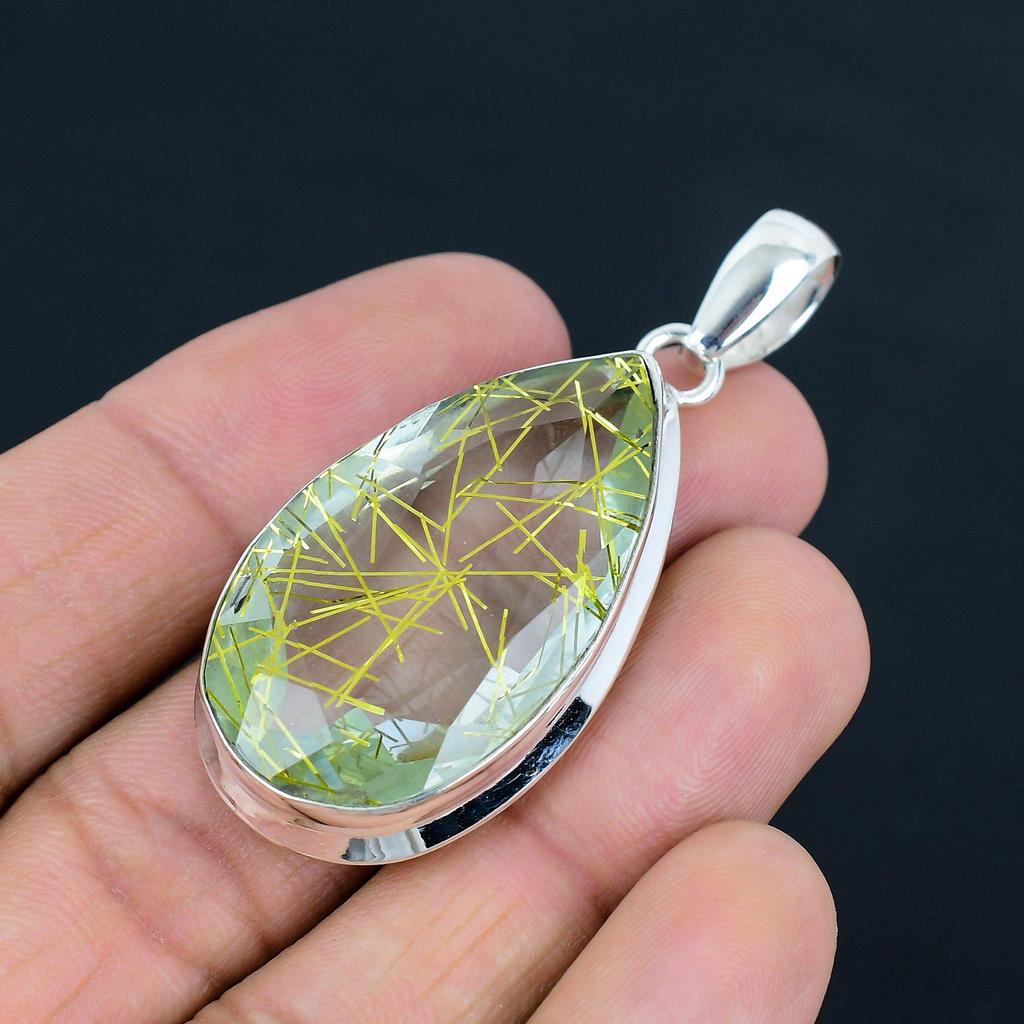 Naturalny Fasetowany Kamień Szlachetny Złoty Rutyl, Srebro Próby 925, Zawieszka, Biżuteria Zawieszka, Ręcznie Robiona Srebrna Biżuteria Zawieszka na Prezent, Prezent Wielkanocny