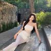 Seaside Vacation Wind Mesh Flower Tube Top Dress Women's Pure Desire Sexy Perspective Design Sense Slim Temperament Long Dress