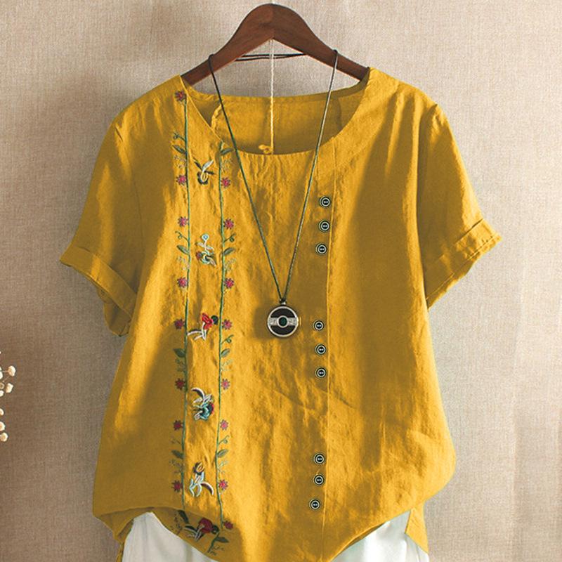 2025 Summer Women's Trendy Embroidered Cotton-Linen Short Sleeve T-Shirt - Korean Fashion