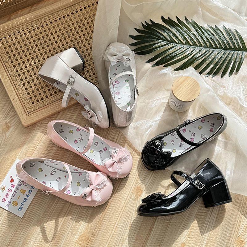 Cute Bow Olita Shoes Lolita J Small Leather Shoes 2 Women's New Round Head Thick Heel Mary Jane Single Shoes