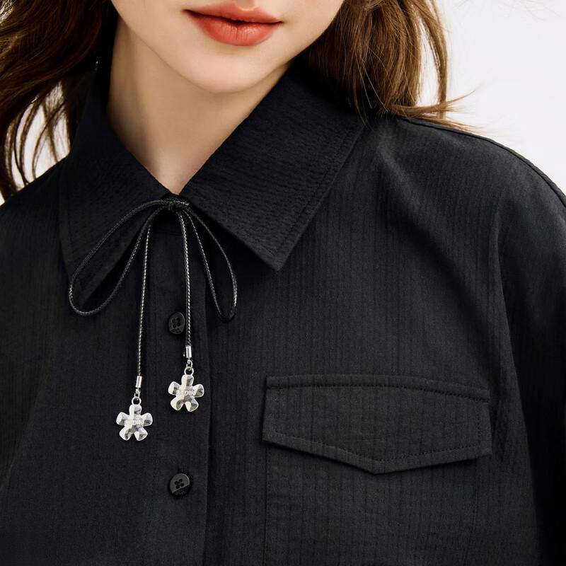 Ledian Detachable Bow Elastic Waist Long Sleeve Shirt Dress