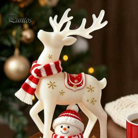 Charming Winter Table Decor Christmas Reindeer Snowman Resin Figurine, White Deer Statue with Red Scarf, Festive Mantelpiece Display Holiday Tabletop