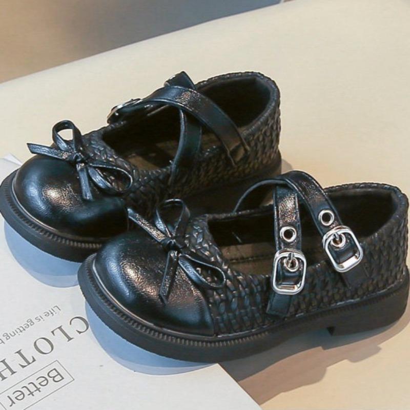 Kids Fashion Leather Shoes Spring Children Mary Jane Bean Shoes Girls Bow Princess Flat Shoes