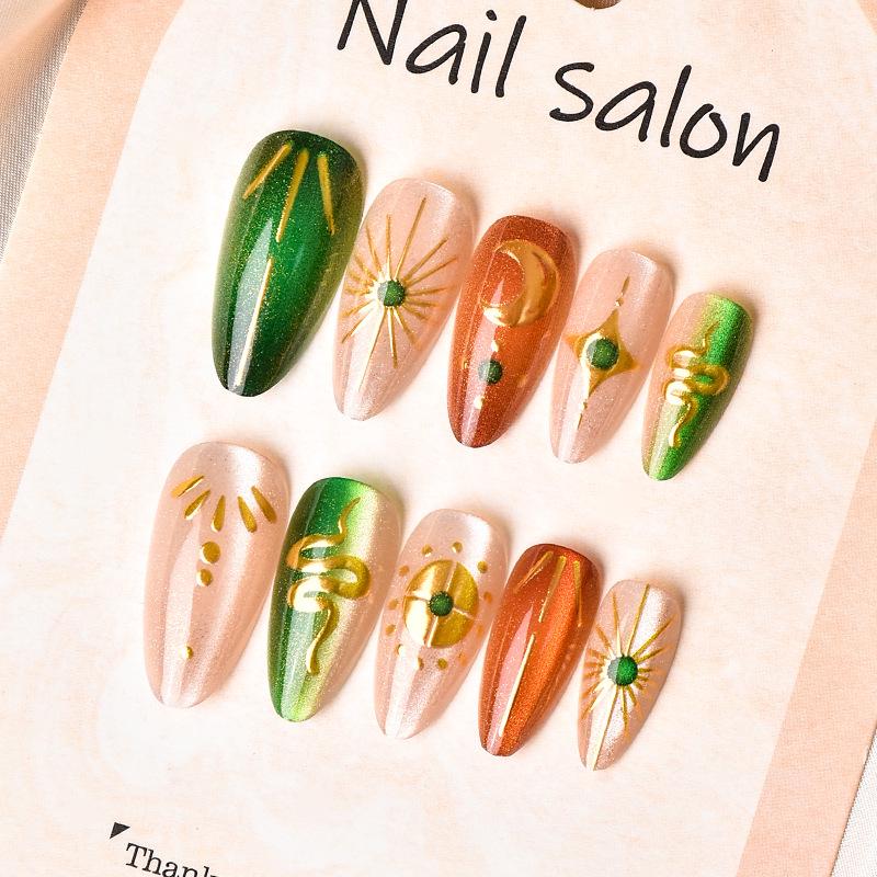 24-Piece Cat Eye Almond 3D Nails: Golden Starry Sky Gradient French Tips