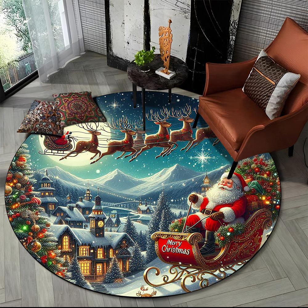 Merry Christmas Cartoon Santa Claus Snowman New Year Round Carpet Rug for Bedroom Living Room Sofa Decoration,Decor Floor Mat
