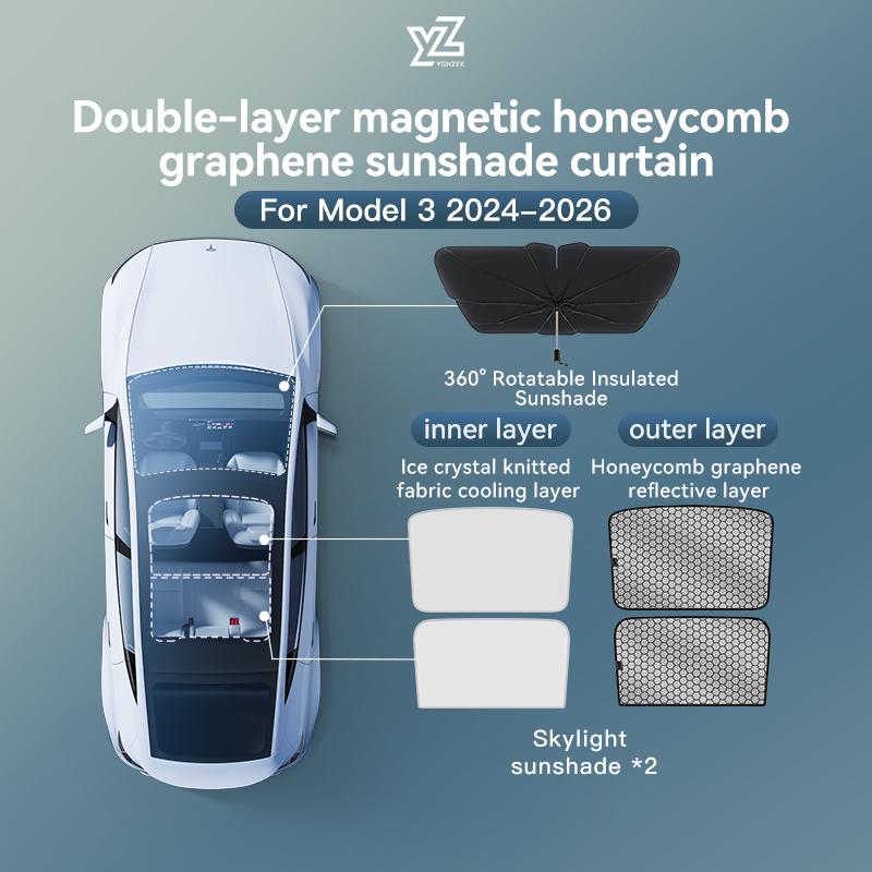 YZ For Tesla 2025-2026 Model 3 Y Juniper Highland Graphene Black Sky Screen Sunshade Honeycomb Skylight Magnetic Sunshade Panel