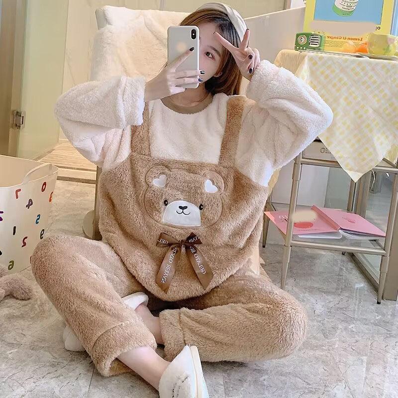 Women's Autumn and Winter Plus Size Cartoon Round Neck Loose Thickened Coat + Loose Warm Trousers Leisure Two-piece Set