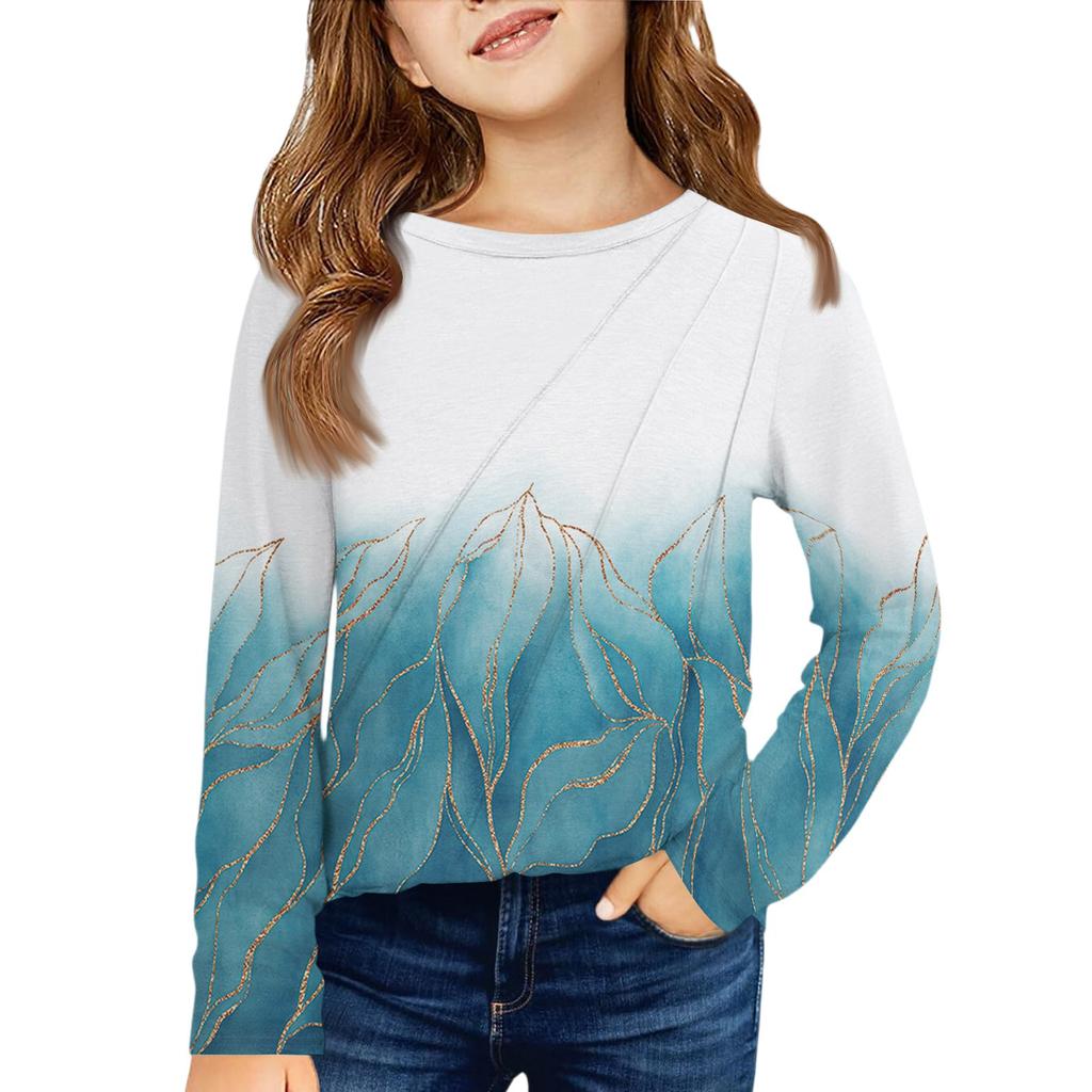 Girls' Long Sleeve Tee - Pleated Round Neck Casual Top