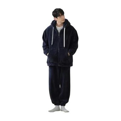 [KOSIKINI] Men's Room Wear, Top and Bottom Set, Long Sleeve Pajamas, Fluffy, Warm, Cold Protection, Plain, Loungewear, Hooded, Fleece Lining,