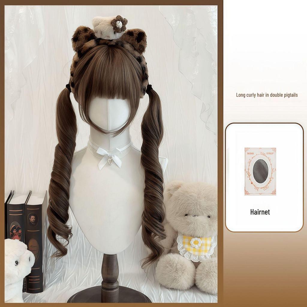 70cm Double Ponytail Lolita Wig with Sideburns - Long, Curly Daily Wig for Women