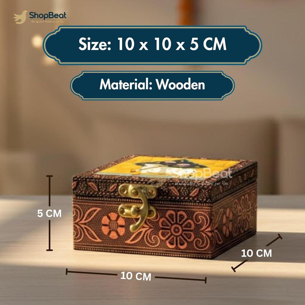 Boîte à bijoux en bois faite à la main avec design Pichwai et serrure – Finition oxydée, 10x10 cm, Organisateur pour boucles d'oreilles, bagues, collier