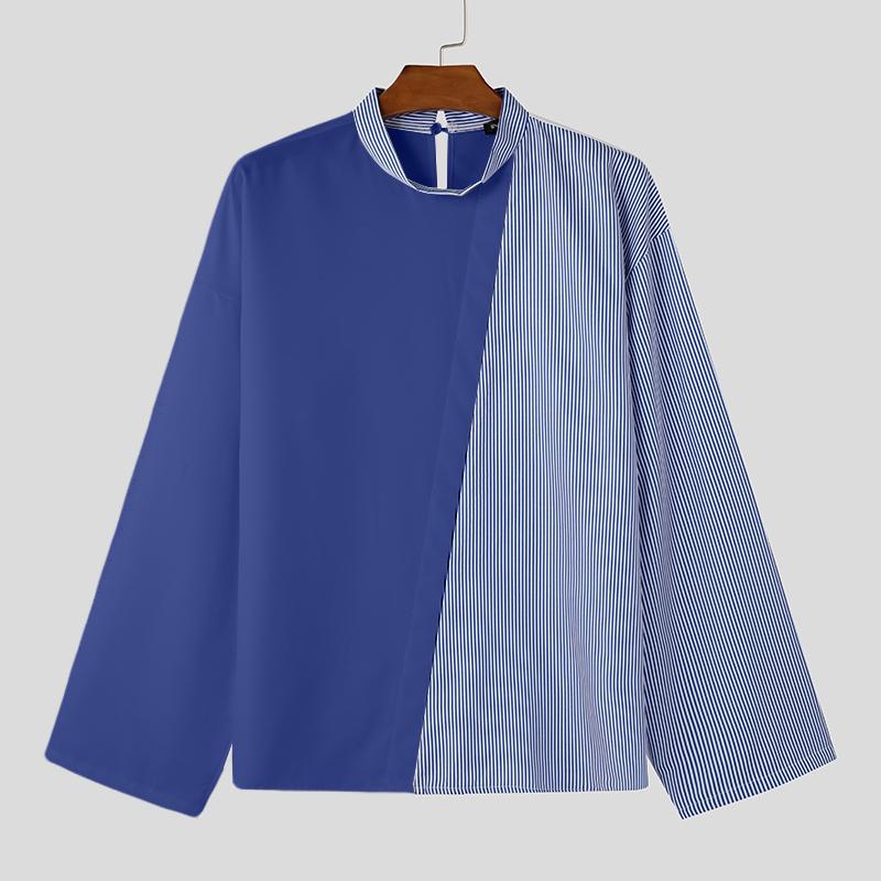 

INCERUN Мужские рубашки оверсайз с длинным рукавом, повседневные топы со строчкой и полосатым принтом 5XL синий