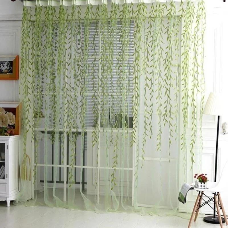 1Pair Cute Willow Leaf Curtains Pastoral Style Willow Floral Window Decorative Curtains for Bedroom Living Room Window Curtain