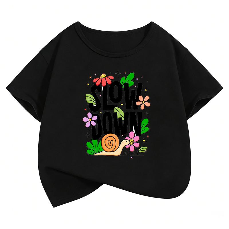 Slow Down Letter Printed Flower Funny T-Shirt Printed T Shirt Girls' Summer Clothes Short Sleeve Tops T-Shirt Cute Boys Clothing