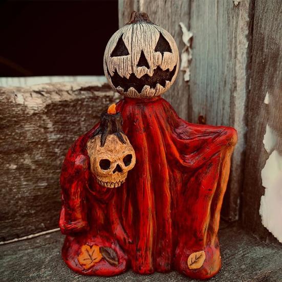 Halloween Pumpkin Statue Spooky Ghost Pumpkin Holding Skull Figurine Resin Gothic Decoration for Indoor Outdoor Home Tabletop Garden Decor