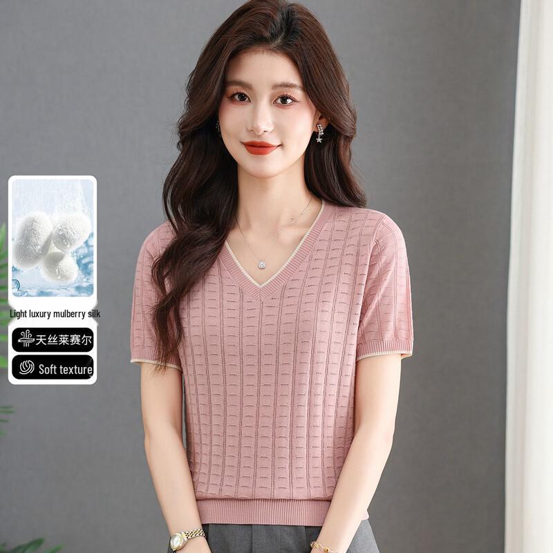 SNOWFLYING Women's V-Neck Color-Block Lyocell Silk Blend Knit Tee