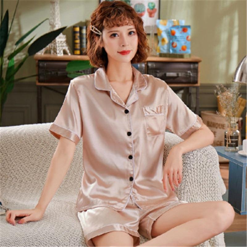 Women's Ice Silk Short Sleeved Shorts Pajama Set Imitation Silk Lapel Cardigan Home Clothes Lightweight And Breathable Two-piece Set