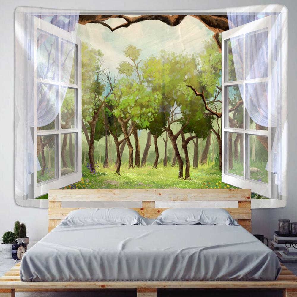 Wald vor dem Fenster Landschaft Wandteppich Hängen grüne natürliche Pflanzen Bohemian Hippie Psychedelic Schlafzimmer Home Decor