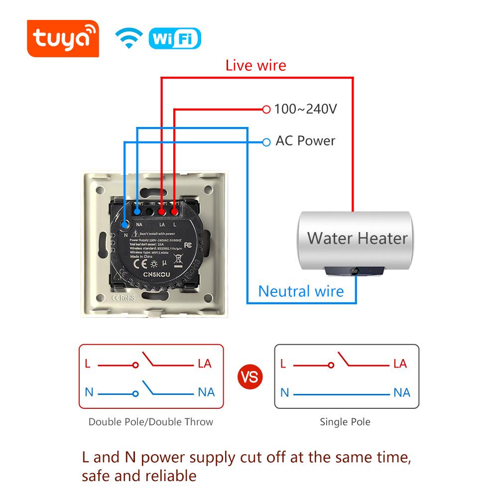 EU Standard 20A Double Pole Smart Switch with Touch & Tuya Alexa Control for Water Heaters