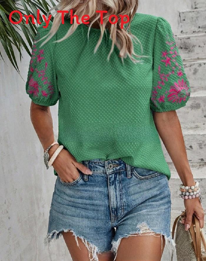 Elegante Blusa Ricamata Floreale con Maniche a Bolla per Abbigliamento Casual Primaverile