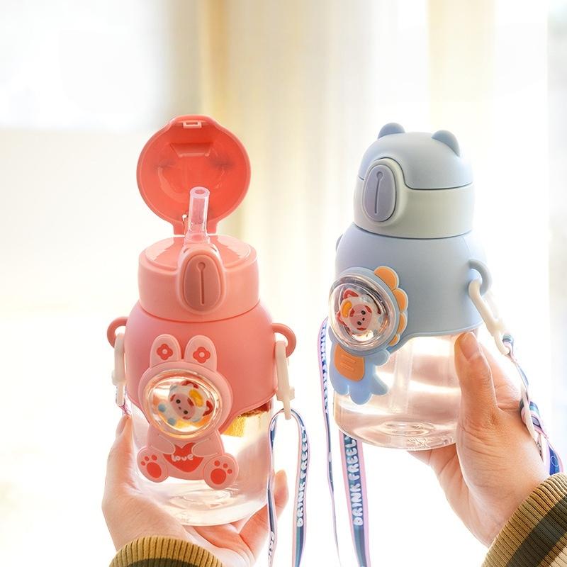600ML Summer Water Cup Leak-proof Water Bottle With Straw Kawaii Kettle Cartoon Pattern Portable Plastic Water Cup Drinking Cup