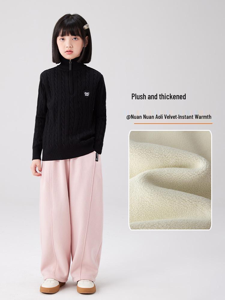 Girls' Fleece-Lined Slim Wide-Leg Winter Pants - Casual, Thick and Loose-Fit Trousers for Kids.