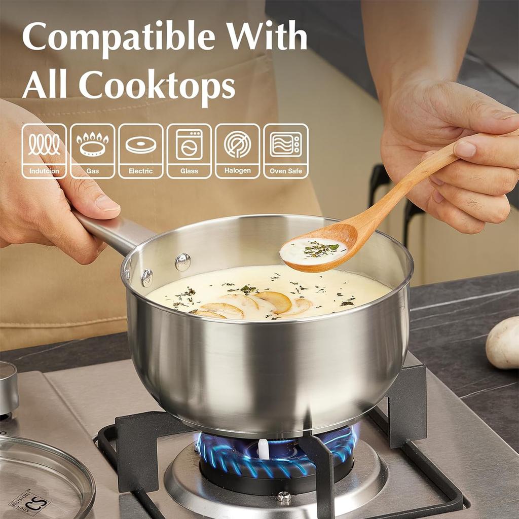 KOCH SYSTEME CS Stainless Steel Sauce Pan Set Multifunctional Cooking Pot with Lid 1QT & 2QT & 3QT with Heat-resistant Handle