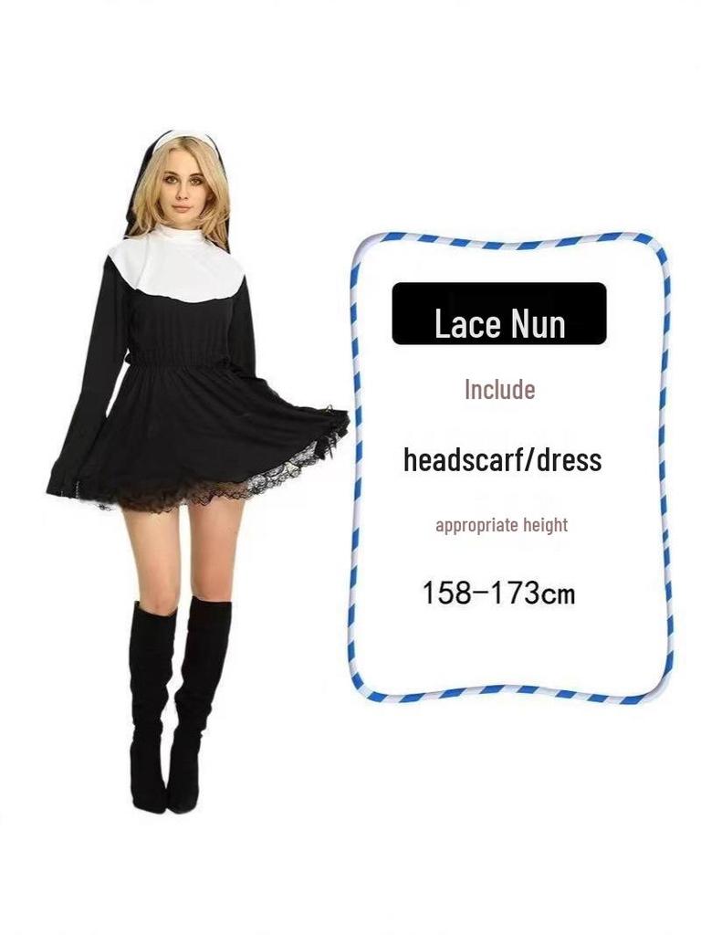 Rochie din Dantelă Cosplay de Călugăriță pentru Femei 2025 - Lungime până la Genunchi, Mânecă Lungă, Ținută de Petrecere