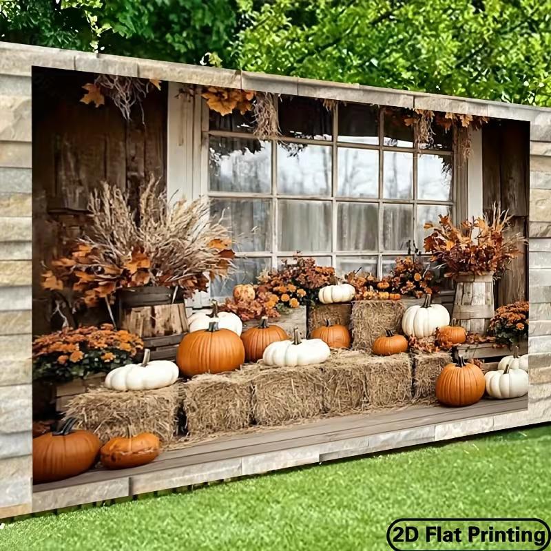 Rustic Fall Pumpkin Tapestry Farmhouse Porch Scene Wall Hanging for Party & Photography